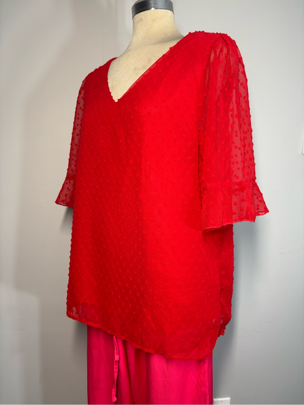 Ranlege Red V-Neck Swiss Dot Blouse With Ruffle Elbow Sleeves Size L